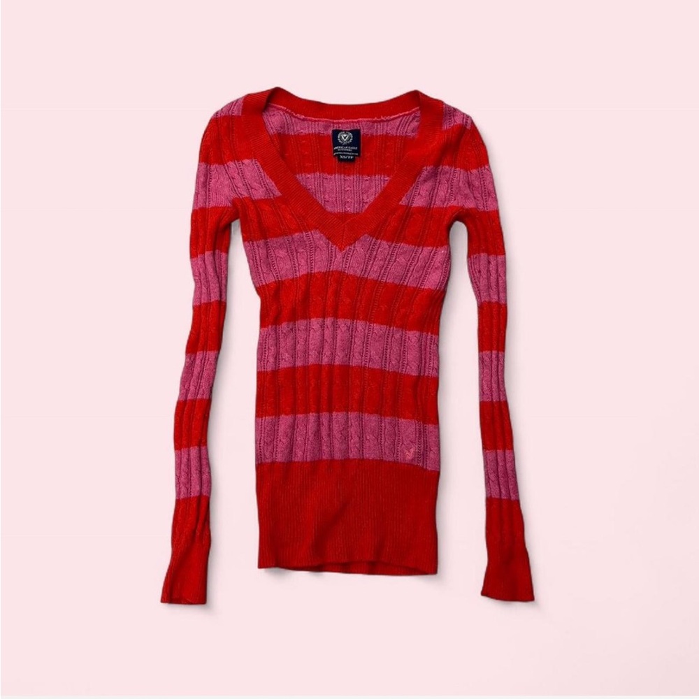 Y2K American Eagle Outfitters Red and Pink Striped V-Neck Sweater - Picture 3 of 6